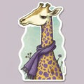 giraffe, scarf sticker humanized characters funny vector artistic and delicate minimalist hand drawn doodle