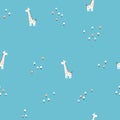 Giraffe seamless minimalistic pattern with flowers. White cartoon characters on a blue background. Hand-drawn