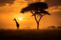 Giraffe silhouette walking beside a acacia tree. Yellow, red, orange color sunset over savanna. Amazing African Wildlife. Royalty Free Stock Photo