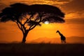 Giraffe silhouette walking beside a acacia tree. Yellow, red, orange color sunset over savanna. Amazing African Wildlife. Royalty Free Stock Photo