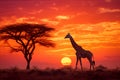 Giraffe silhouette walking nearly tree at sunset. Generative AI Royalty Free Stock Photo