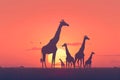 Giraffe silhouettes bond at dawn during a Serengeti family reunion