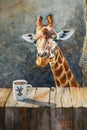 A giraffe sitting serenely with a cup of coffee, captured in watercolor, embodying the art of taking a restful pause