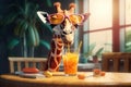 A giraffe sitting at a table with sunglasses and drink, created with Generative AI technology