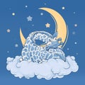 Giraffe sleeping on a cloud. Color graphic illustration