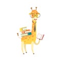 Giraffe Smiling Bookworm Zoo Character Wearing Glasses And Reading A Book Cartoon Illustration Part Of Animals In Royalty Free Stock Photo