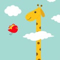 Giraffe with spot. Flying bird. Zoo animal. Long neck. Cute cartoon character. Wild savanna jungle african animals collection. Edu