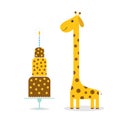 Giraffe spot. Long neck. Cute cartoon character. Cake with dots and fire shining candle