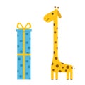 Giraffe with spot. Long neck. Cute cartoon character. Giftbox and bow. Happy Birthday greeting card. Baby collection.