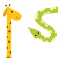 Giraffe with spot. Long neck. Green python snake red tongue. Crawling serpent. Zoo animal friends. Cute cartoon funny card for kid