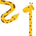 Giraffe with spot. Long neck. Yellow python snake red tongue. Crawling serpent. Zoo animal friends. Cute cartoon funny card for ki Royalty Free Stock Photo