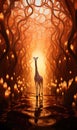 A giraffe standing in a dark tunnel with candles, AI