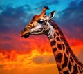 a giraffe standing in front of a colorful sunset, created by Generative AI Royalty Free Stock Photo