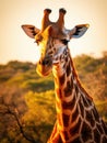 Giraffe is standing in front of trees and bushes. The giraffe has its head turned to look at camera, with its eyes open