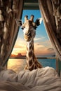 A giraffe standing in front of a window with a sunset in the background. AI. Royalty Free Stock Photo
