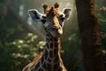 A giraffe standing near a tall tree in the forest. AI Generated