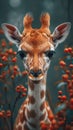 A giraffe standing next to a bunch of red berries, animalistic wallpaper background