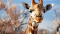 Giraffe standing tall, gazing at camera in African wilderness generated by AI