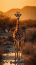 Giraffe standing in a water hole at sunset