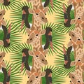 Giraffe stork head seamless pattern yellow background