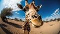 A majestic giraffe gazing the camera, with its head held high, generative AI