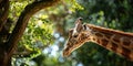 A giraffe stretching to nibble on treetop leaves , concept of Herbivore behavior Royalty Free Stock Photo