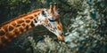 A giraffe stretching to nibble on treetop leaves , concept of Herbivore behavior