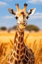 A giraffe strolling through the savannah in the wild of Africa Royalty Free Stock Photo