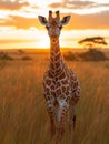 Giraffe Strolling Through Sunset Fields Royalty Free Stock Photo