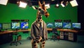 Giraffe in a suit presenting the weather