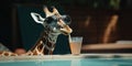 Giraffe In Sunglasses With Juicy Cocktails Lying On A Desk Chair By The Pool