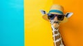 Giraffe sunglasses and summer hat in studio with a colorful and bright background. Generative Ai