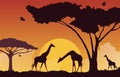 Giraffe Sunset Animal Savanna Landscape Africa Wildlife Illustration Royalty Free Stock Photo