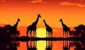 sunset wildlife africa animal giraffe elephant safari silhouette wild nature. Generative AI.