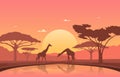 Giraffe Sunset Oasis Animal Savanna Landscape Africa Wildlife Illustration Royalty Free Stock Photo