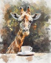 Giraffe taking a sit-down coffee break, watercolor strokes highlighting its calm respite in the midst of nature