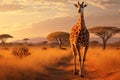 Giraffe walking across the African Savanna Ai generated Royalty Free Stock Photo