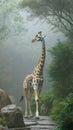 A giraffe is walking along a rocky path in a lush, green forest at sunrise Royalty Free Stock Photo