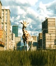 Giraffe walking in grass field in abandoned city Royalty Free Stock Photo
