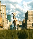 Giraffe walking in grass field in abandoned city