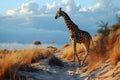 Giraffe walking on a sand dune Royalty Free Stock Photo