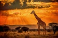 Giraffe walking through the savana at sunset. Amazing African wildlife