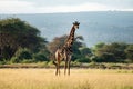 A giraffe walks among the trees in the savannah. Beautiful African landscape. Masai Mara kenya. giraffe in the wild Royalty Free Stock Photo
