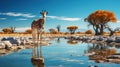 Giraffe at a waterhole in the Etosha National Park, Namibia. Generative AI