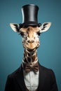 giraffe wearing a black top hat with bow tie