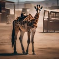 A giraffe wearing a cowboy hat and boots, standing in a dusty western town1