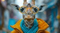 Giraffe wearing glasses and winter clothes in a city street, anthropomorphic animal concept