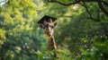 A giraffe wearing a graduation cap, standing tall among towering trees. Education and graduation