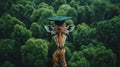 A giraffe wearing a graduation cap, standing tall among towering trees. Education and graduation