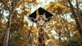 A giraffe wearing a graduation cap, standing tall among towering trees. Education and graduation